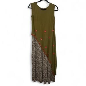 Boho Maxi Dress – Olive Green Embroidered Sleeveless Asymmetrical Hem Size Small